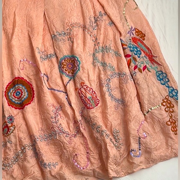 Chan Luu peach pink crinkle silk multicolor floral embroidered sequin boho skirt - Picture 6 of 15